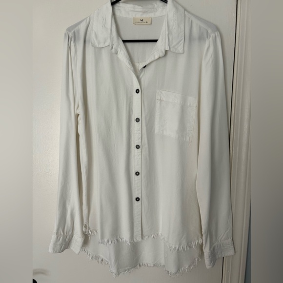 White Button-Up Shirt with Frayed Hem - Picture 1 of 5
